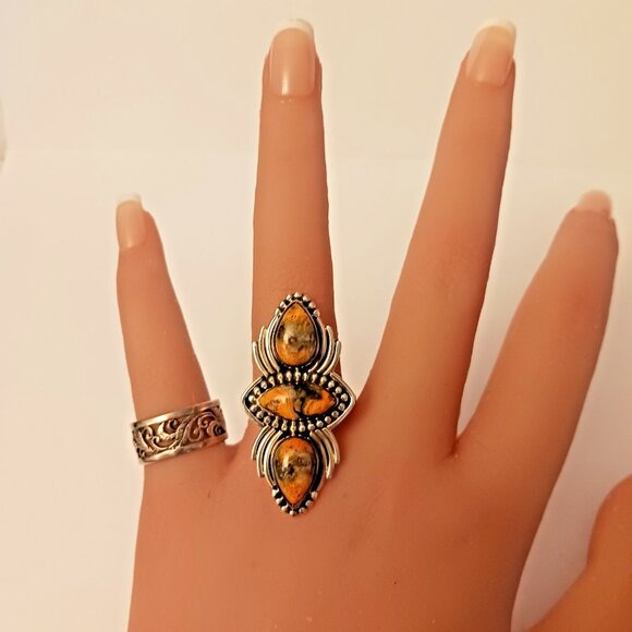Bumblebee Jasper 3 stone large sterling ring s10 (1570) - Picture 3 of 6